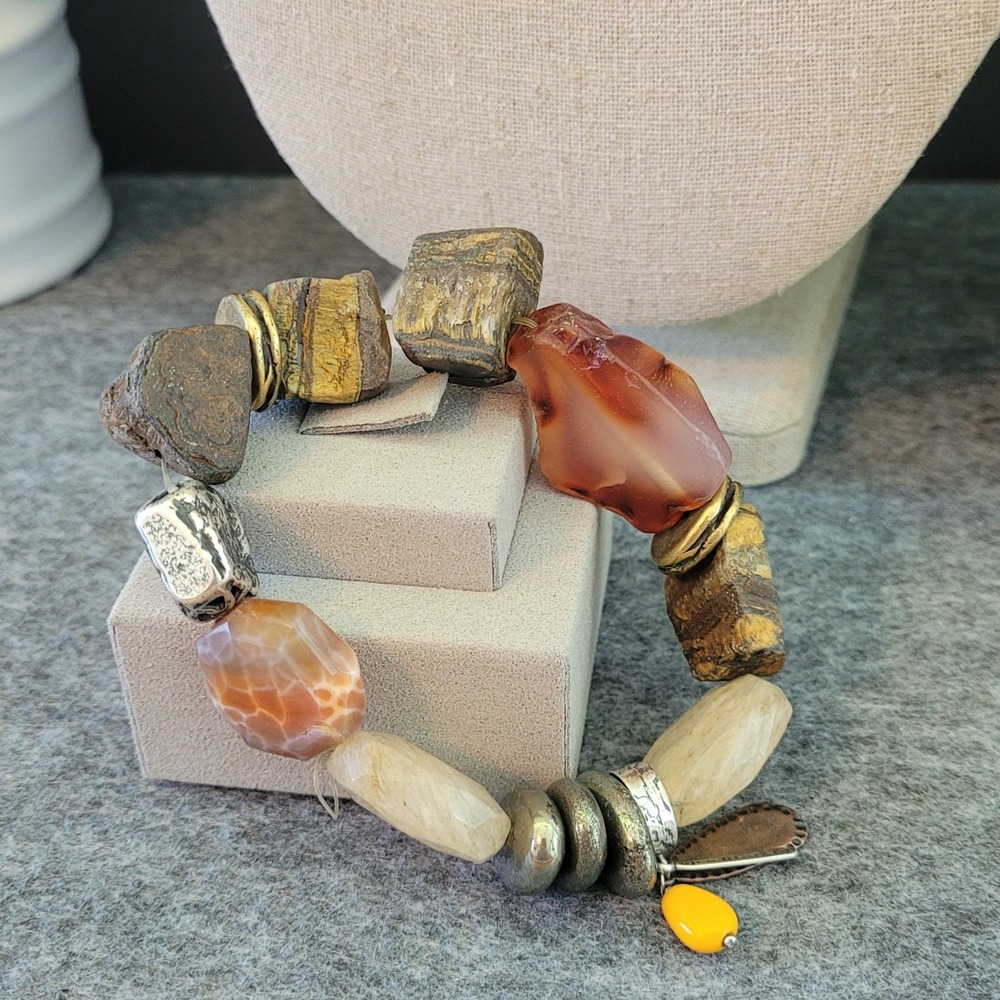Silpada Mixed Stone Stretch Bracelet Jasper Quartz Wood Boho Retired